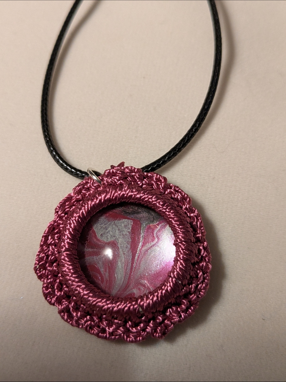 Pink Crochet Pendant Necklace with Swirl Glass Cabochon